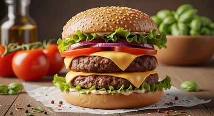 Gourmet Double Cheeseburger with fresh ingredients on a rustic wooden table
