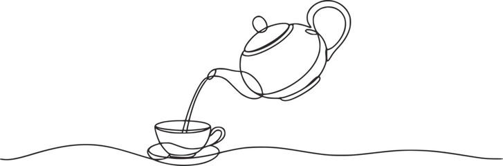 Minimalist line drawing pouring tea from teapot into cup black and white line art