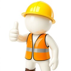 A 3D cartoon builder or engineer character wearing a yellow hardhat on a construction site doing work