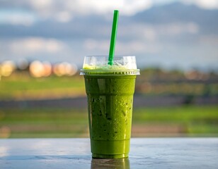 Refreshing green smoothie in a clear plastic cup with a straw outdoors