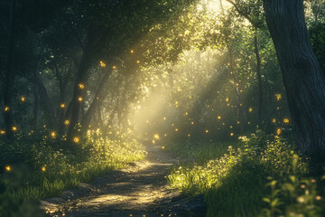 A forest where fireflies create glowing symbols in the air  