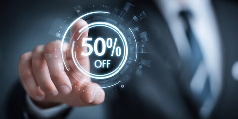 Businessman Touching Discount Button with 50 Percent off Display