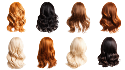 Variety of wigs with different colors and styles on display on Transparent Background
