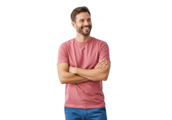Man in pink t shirt and blue jeans arms crossed isolated on transparent background