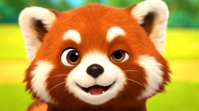 Animated red panda smiling in nature daytime scene cartoon illustration