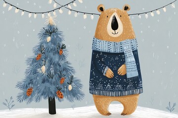 Cute Winter Bear in Sweater and Scarf with Christmas Tree – Cozy Holiday Illustration