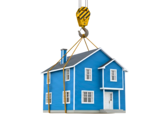 Blue house being lifted by a crane isolated on transparent background