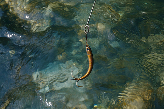 A fisherman hook descending into the clear river waters