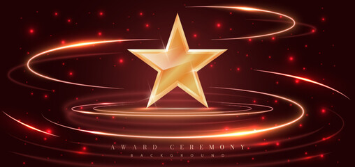 A shining gold star on a dark red background