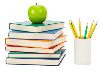 Stack of books with green apple and pencils isolated on transparent background
