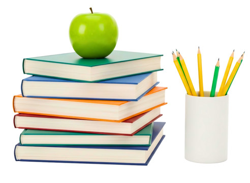 Stack of books with green apple and pencils isolated on transparent background - Powered by Adobe