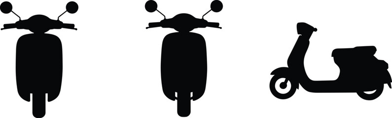 Scooter silhouette, black scooter graphic, front and side view, motorbike icon, urban mobility, vector transport, isolated white background © Hello there