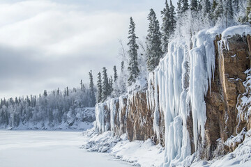 A frozen waterfall clinging to a limestone cliff in winter