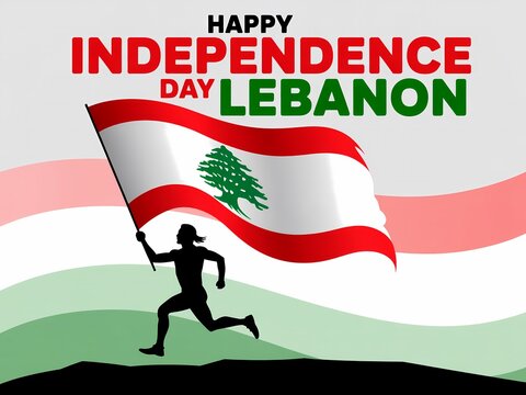 Happy independence day lebanon celebration with waving flag and running silhouette