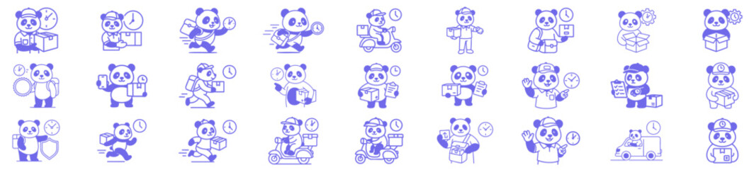 Panda Delivery Boy Thin Line  Icon Set ? Courier Mascot with Clock, Parcel, and Uniform for Fast Delivery and Logistics Services