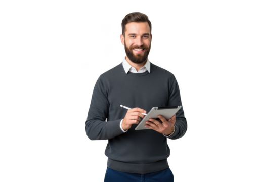 Bearded man writing notes isolated on transparent background