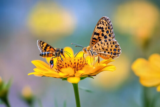 A honeybee and a butterfly sharing a single flower - Powered by Adobe