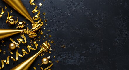 New years eve party decoration with gold streamers and noisemakers on black