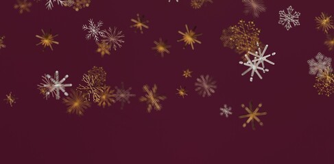 Elegant abstract background with falling snowflakes in gold and white on a deep maroon backdrop perfect for Christmas or winter themes.