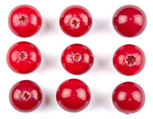 Fresh ripe red cranberries arranged in a grid pattern on white background
