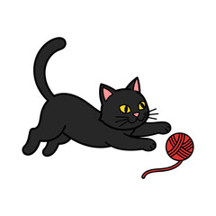 vector illustration of a happy black cat playing with a ball of yarn