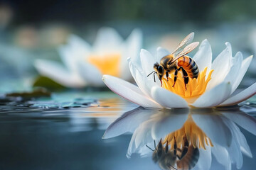 A honeybee collecting nectar from a floating lotus flower