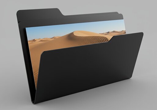 Minimalist black folder mockup containing a desert landscape image, suitable for file management