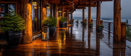 Dramatic low‑angle deck view from knee height on rain‑kissed boards (version 2)