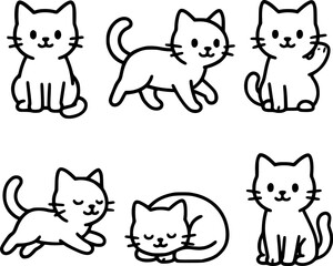 Naklejka premium Black and white minimalist vector icon set of cute cats in various poses such as sitting, walking, jumping, sleeping, and waving, clean line art design