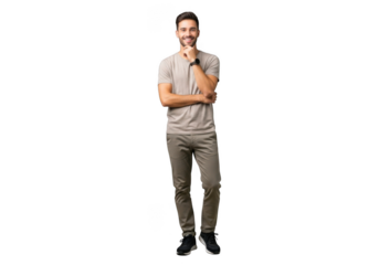 Man with beard and mustache standing and thinking isolated on transparent background