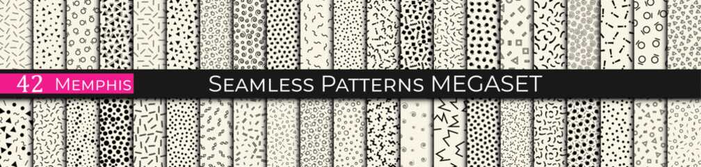 Set of 42 Seamless Memphis Style Patterns – Colorful Geometric Retro Backgrounds