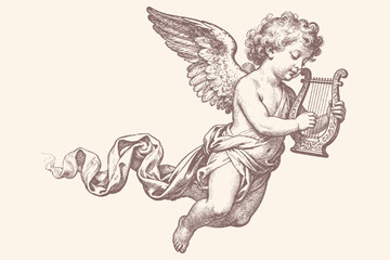 Fototapeta na wymiar A flying cherub or angel playing a lyre. Classic vector illustration in a vintage engraving style. Elegant, romantic, and mythological character.
