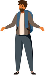 Friendly traveler with backpack is opening his arms, greeting or welcoming someone