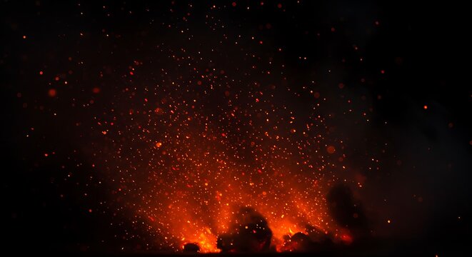 Volcanic eruption with glowing lava and ash particles exploding into the night sky