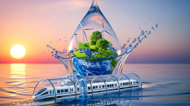 Sustainable future earth globe with wind turbines and solar panels inside water splash and high