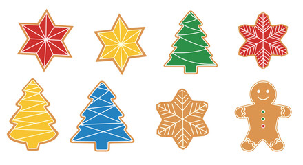 Colorful geometric Christmas cookies shaped like stars and trees  