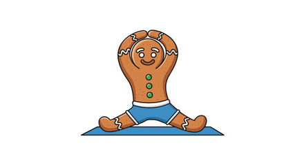 Gingerbread man doing yoga stretches on a blue mat for Christmas baking  