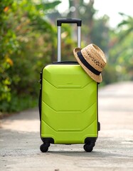 Bright green suitcase with a straw hat on top sits outdoors on a path surrounded by greenery