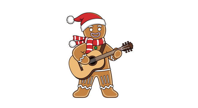 Gingerbread man playing guitar in Christmas hat and scarf  