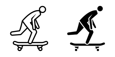 Skateboard icon set. Simple illustration of a skateboarder figure riding a skateboard. Ideal for sports, recreation, and transportation related projects. Isolated on white background.