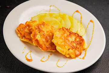 Apple pancakes sweet dish delicious breakfast fruit dish natural product tasty snack fresh delicious gourmet food background on the table rustic top view copy space