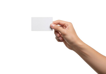Obraz premium Hand holding a blank white card isolated on transparent background