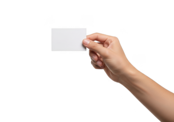 Hand holding a blank white card isolated on transparent background