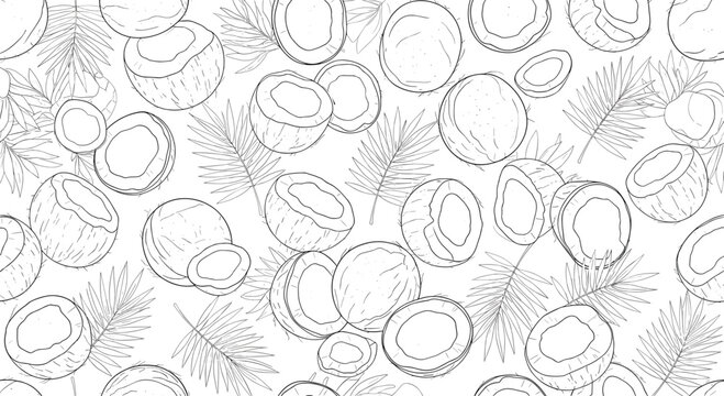 Hand-drawn coconut and palm leaves pattern, suitable for tropical-themed designs and backgrounds, monochrome illustration style.