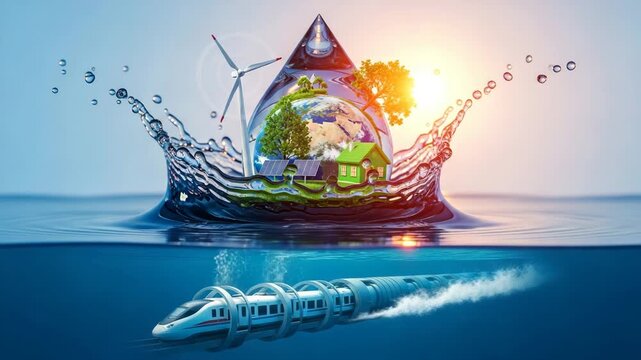 Futuristic underwater hyperloop train and eco-friendly earth concept with solar panels wind