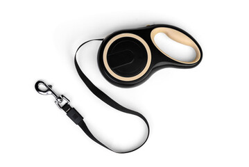 Black leash roulette for dog isolated on white background.