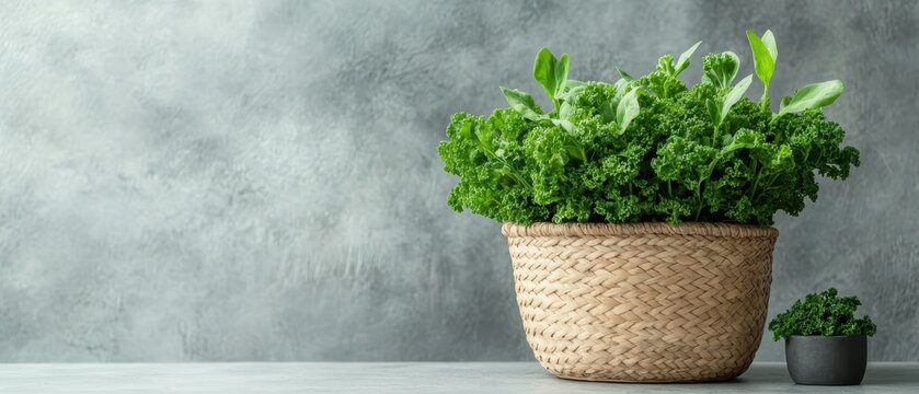 Fresh green kale growing in a woven basket, healthy food for sustainable living, simple natural ingredients on a textured background.
