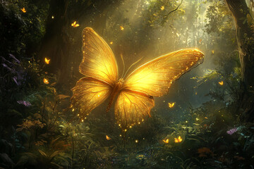 A glowing butterfly with translucent wings fluttering through the enchanted woods  