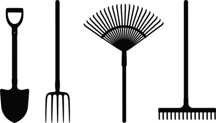 Gardening tool silhouettes set, shovel, pitchfork, fan rake, bow rake, black icons, vector illustration, white background, farming equipment