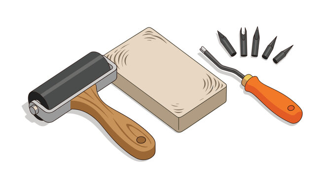 Linocut tools arranged on white background, illustrating the printmaking process, with roller, block, and carving tools.